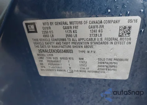 2016 Chevrolet Equinox Lt из США, поврежденный, VIN 2GNALCEK3G6348603